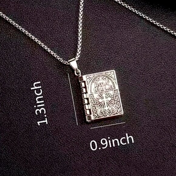 Bible Necklace 4 Pages Turnable Lords Prayer Pages 27” Block Chain Silver Tone - Picture 11 of 16